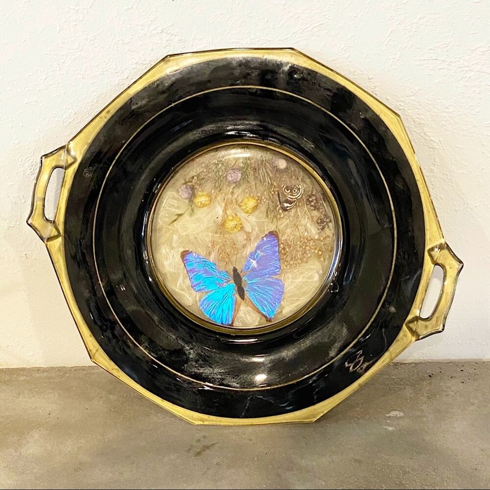 Vintage boho naturals botanical butterfly‎ decorative glass and stoneware plate